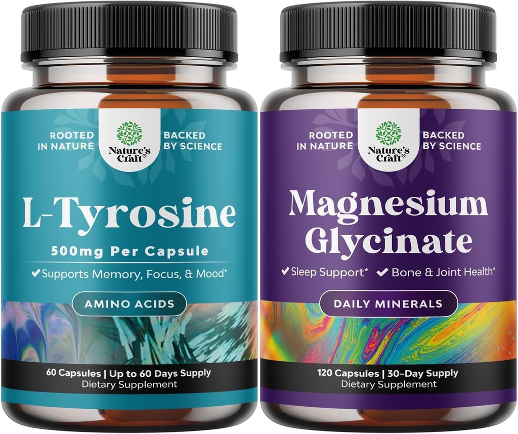 Bundel van vrije vorm L Tyrosine 500 mg capsules - L-tyrosinesupplement met hoge sterkte voor geestelijke energie en focusondersteuning en magnesium Glycineren 400 mg per portie voor slaap en ontspanning