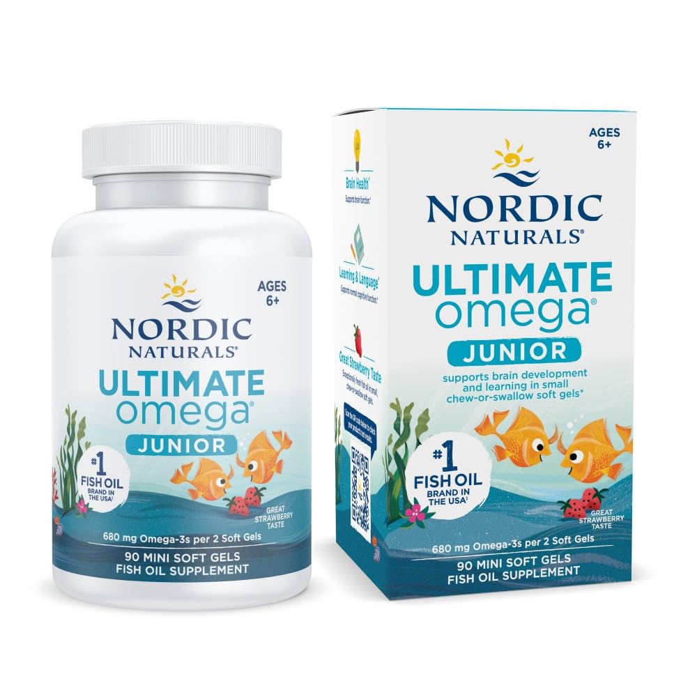 Nordic Naturals Ultimate Omega Jr., Aardbei - 90 Mini Zachte Gels - 680 Totaal Omega-3s met EPA & DHA - Brain Health, Mood, Learning - Non-GMO - 45 Servers