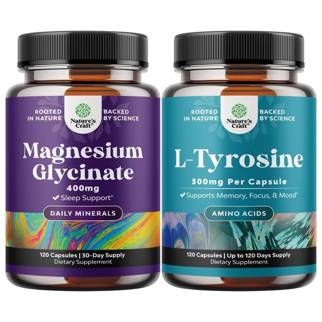 Bundel van Magnesium Glycinate 400 mg Capsules en Krachtige L Tyrosine 500 mg Capsules - voor slaapondersteuning Bone Health Muscle Recovery - Aminozuur Nutritional Supplement voor Brain Health Thyroid Ondersteuning