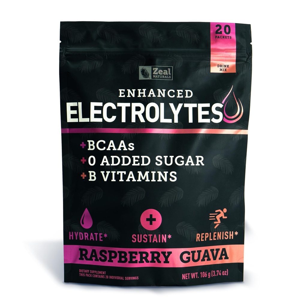 Boîtes de poudre d'électrolytes améliorées (Goyava framboise 20 paquets) w/ 0 Sucre + BCAAs + B-Vitamines Supplément d'électrolyte w Zinc potassique et Magnésium pour l'hydratation - Electrolytes kéto