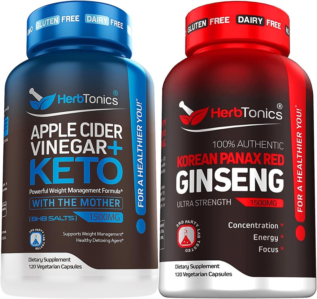 Herbtonics Capsules de vinaigre de cidre de pomme Plus Keto BHB.com Fat Burner & Weight Loss Supplément pour les femmes et les hommes - Extrait de Panax rouge coréen de Ginseng haute résistance - Support de performance pour les hommes et les femmes