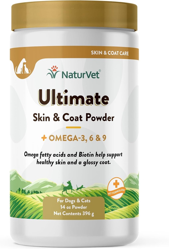 NaturVet Ultimate Skin and Coat Powder Plus Omega 3, 6 et 9 Supplément pour chiens et chats, poudre, fabriqué aux États-Unis avec des ingrédients à la source mondiale 14 Once