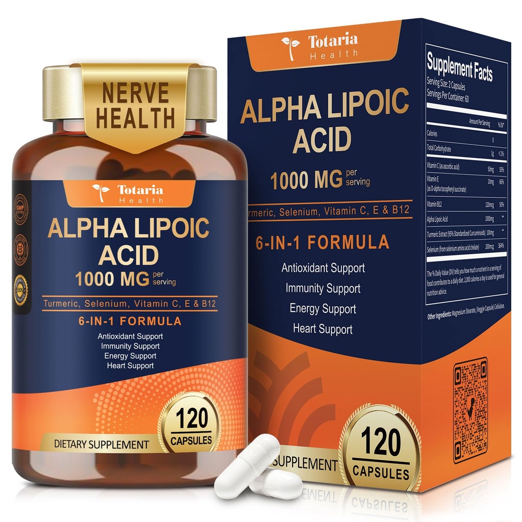 Totaria Alpha Lipoïne Acid 1000mg - ALA Supplement Antioxidant voor Neuropathie Ondersteuning Nerve Gezondheid, Lever Detox, Antioxidant, Metabolisme en Cell Energie, Anti-Aging - Non-GMO, Glutenvrij, Vegan Safe