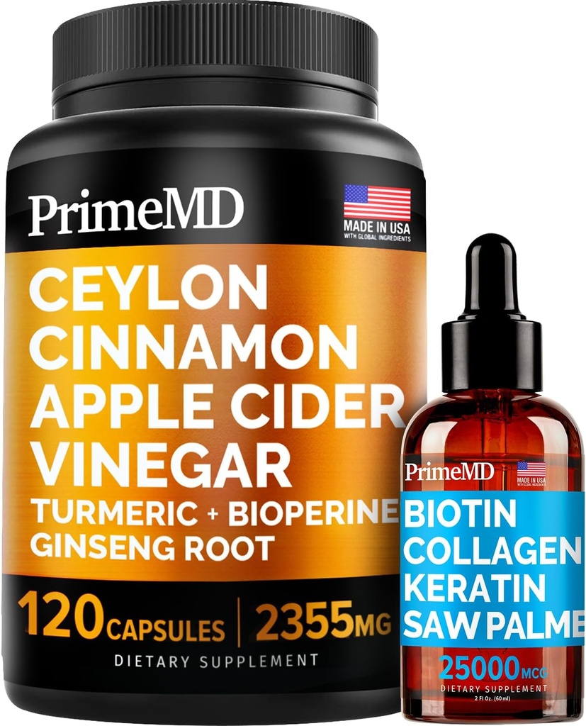4-in-1 Liquid Biotin Collageen Keratine Saw Palmetto Drops (2 fl oz - 1 Pack) & 5-in-1 Ceylon Cinnamon w Turmeric & Ginseng Root (120ct) Bundle - Hair, Skin, Nails, & Immune Support Supplement