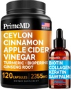 4-in-1 Liquid Biotin Collageen Keratine Saw Palmetto Drops (2 fl oz - 1 Pack) & 5-in-1 Ceylon Cinnamon w Turmeric & Ginseng Root (120ct) Bundle - Hair, Skin, Nails, & Immune Support Supplement
