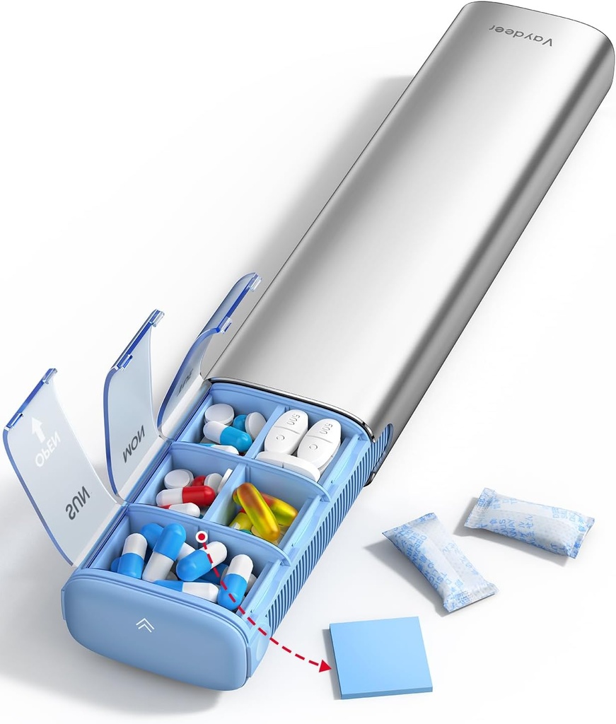 Vaydeer 7 dagen Weekly Pillen Organisator (Support 2 keer per dag), Metal Travel Pillen Case, Grote Capaciteit Daily Cute Pillen Box voor Supplementen, Pillen, Vitaminen en Medicatie (Sliver)