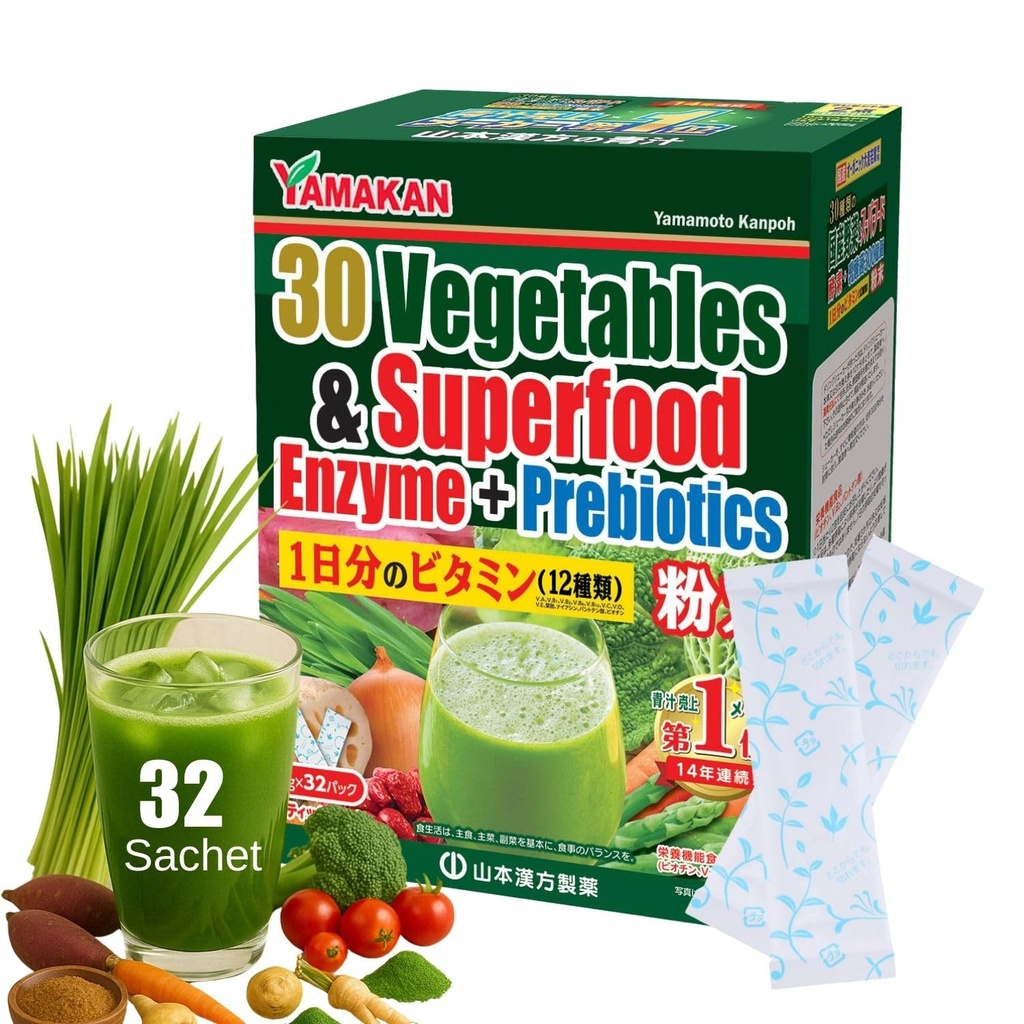 Yamamoto Kanpoh YAMAKAN Enzymes digestifs naturels avec poudre prébiotique, 12 vitamines mélangées et mélanges de poudre Super Greens, jus d'orge pour la santé Gut, 32 paquets