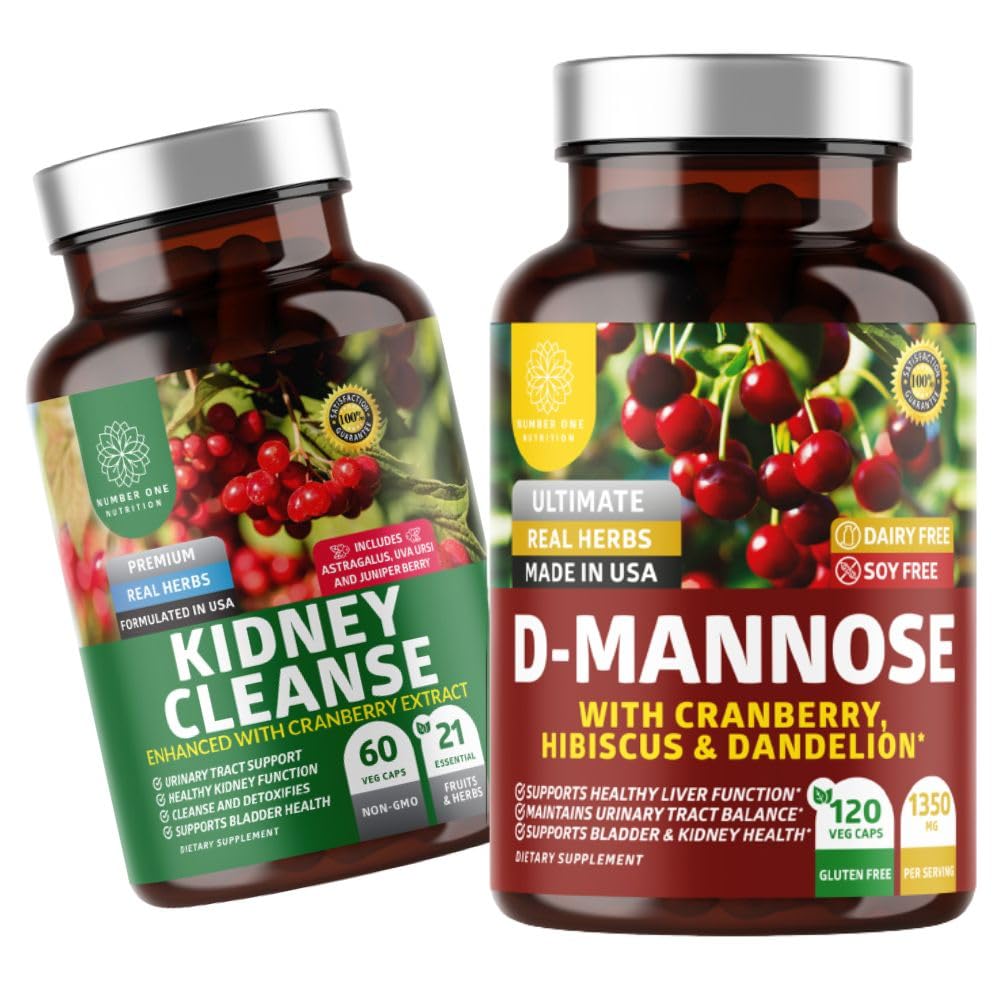 No One Nutrition N1N Premium D-Mannose [1350mg] avec Cranberry & Hibiscus et nettoyant pour le rein [21 herbes potentes] avec extrait de canneberge, Astragalus, Uva Ursi, 2 paquets