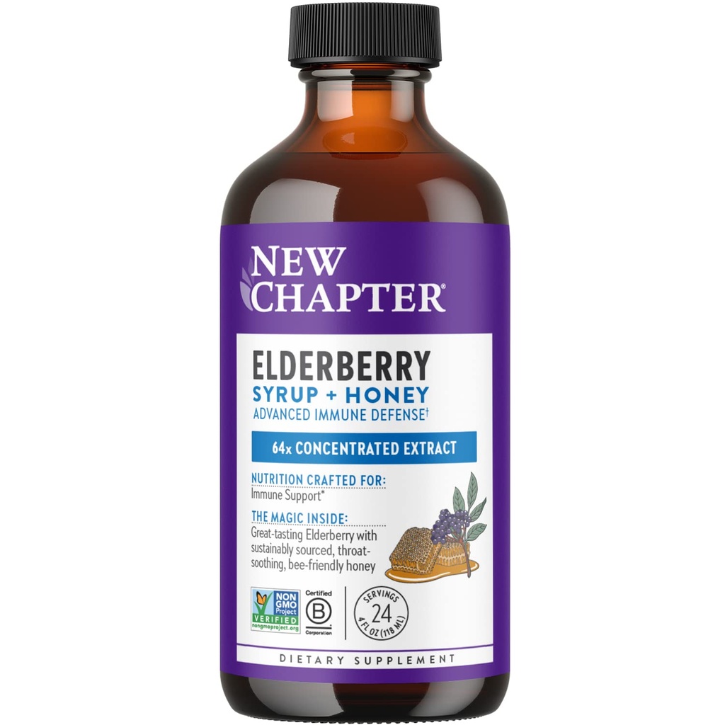 Nieuw hoofdstuk Vlierbessen Siroop, 24 porties, Immune Defense voor volwassenen & kinderen (2+), 64x Geconcentreerde Zwarte Vlierbessen + Throat-Sothing Grade A Honing, Non-GMO Project Geverifieerd, Glutenvrij
