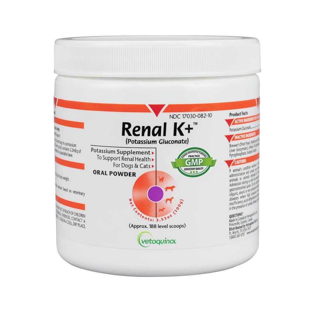 Vetochinol Renale K+ (Potassium Gluconaat) Kaliumsupplement Poeder voor honden en katten, 3.5oz