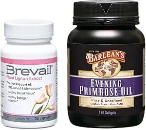 Barlean's Vrouwen Hormone Ondersteuning Supplementen Bundle, 30 Tel Brevail Capsules en 120 Tel Avond Primrose Olie Supplement Softgels