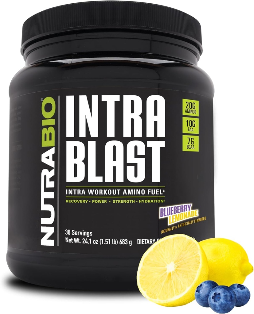 NutraBio Intra Blast Bcaa Powder Amino Acid Supplement, Electrolyte & Hydration Blend, Intra, Pre Workout & Muscle Recovery, 20g Eaa Amino Acids Powder, 5g Glutamine- Blueberry Lemonade, 30 Serving