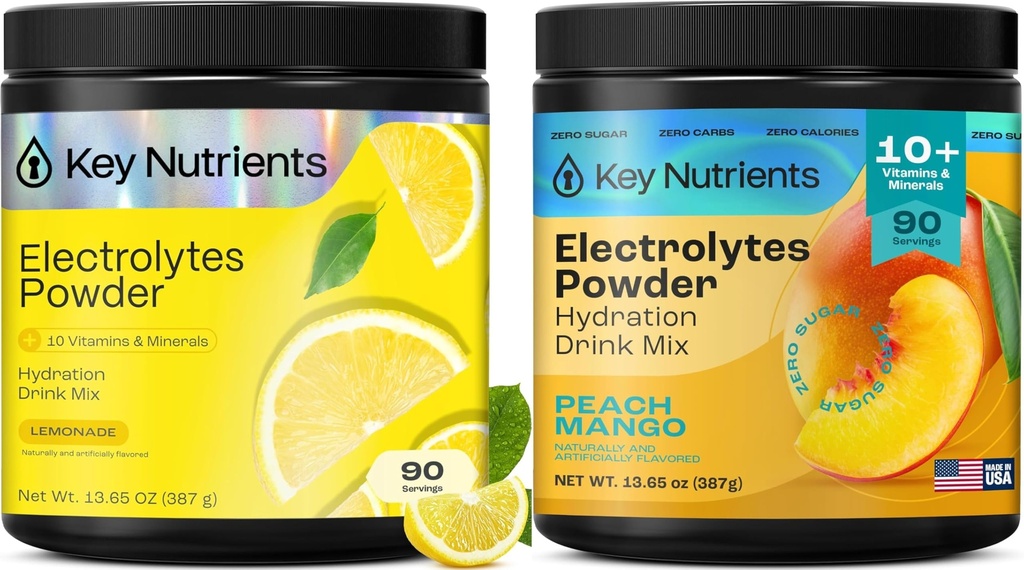 KEY NUTRIËNTEN Elektrolyten Poeder Limonade 90 Servers + Perzik Mango 90 Servers