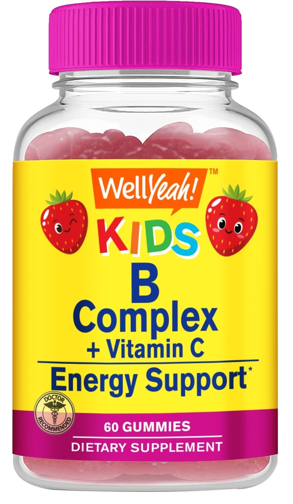 Wel Yeah B Complex Gummy's voor kinderen - met vitamine C, Niacin, Vitamine B6, Foliumzuur, Vitamine B12, Biotine & Pantotheenzuur - 2 maand aanbod - Aardbei smaak - Niet GGO, Glutenvrij - 60 Gummies
