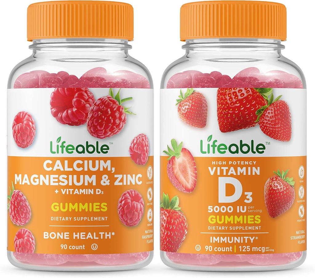 Levensvatbaar Calcium, Magnesium, Zink & Vitamine D + Vitamine D 5000 IE, Gummies Bundle - Geweldig proeven, Vitamine Supplement, Glutenvrij, GGO vrij, Kauwbaar