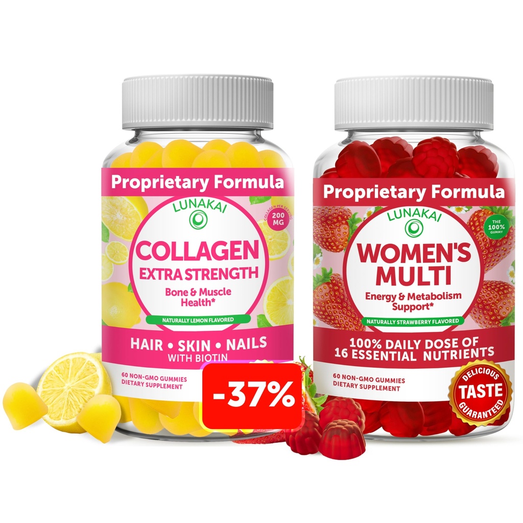 Lunakai Collageen en vrouwen Multivitamine Gummies Bundle - Non-GMO Anti Aging Supplementen met Biotine, Zink, Vitamine C en E - 100% dagelijkse waarde van 16 essentiële vitaminen en mineralen - 30 dagen levering