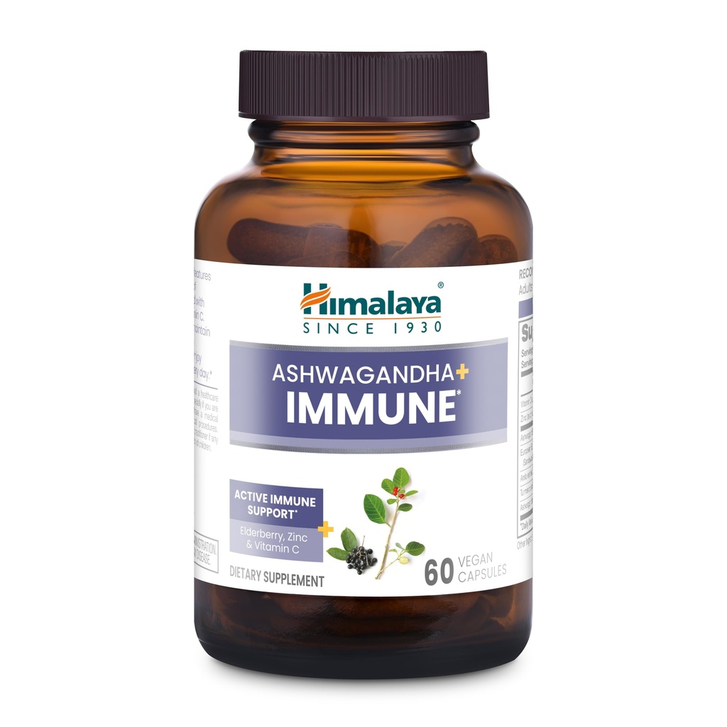 Himalaya Ashwagandha+ Immune - Herbal Immune Support Supplement met vitamine C, zink, vlierbes en amla voor immuniteit - Vegan, non-GMO, glutenvrij, 960 mg, 60 capsules