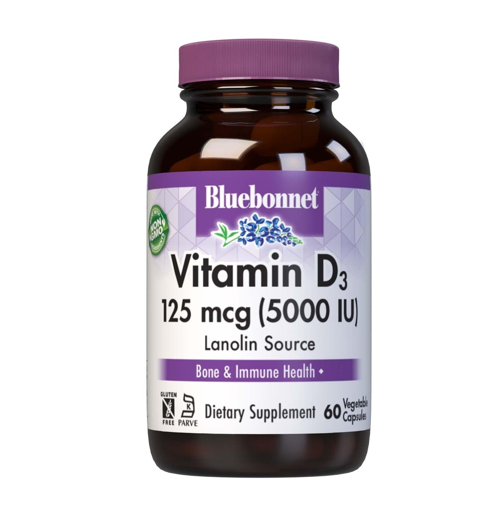 Bluebonnet Voeding Vitamine D3 5000 IE Plantaardige Capsule, Hulpmiddelen in spier- en skeletgroei, Cholecalciferol uit Lanoline, D3, Non GMO, Glutenvrij, Sojavrij, Melkvrij, Kosher, 60 Tel.