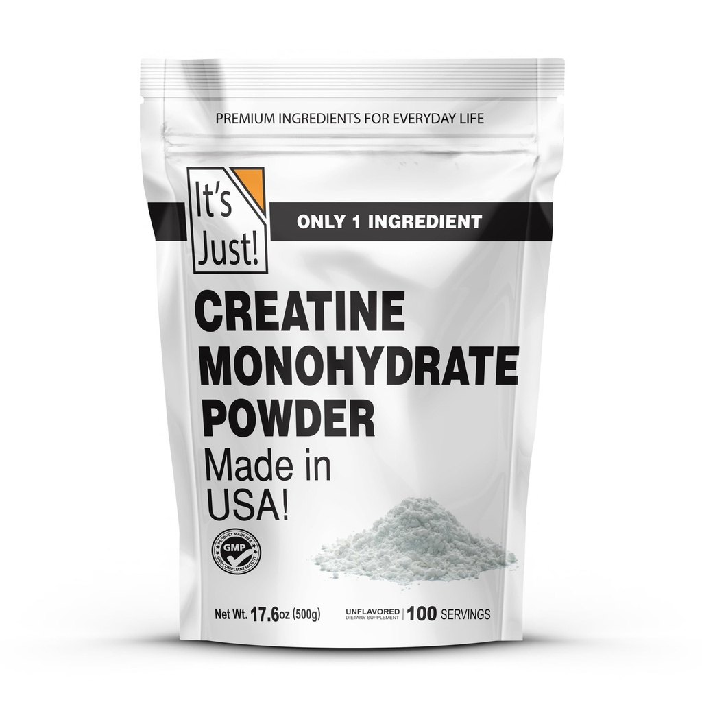 Het is gewoon! - Creatine Monohydraat poeder, Pure Creatine Powder, Made in USA, 3rd Party Lab getest, 5g per portie, scoop inbegrepen, Geen Fillers, Geen toegevoegde smaak (Unflavored, 500g / 100 Servers)