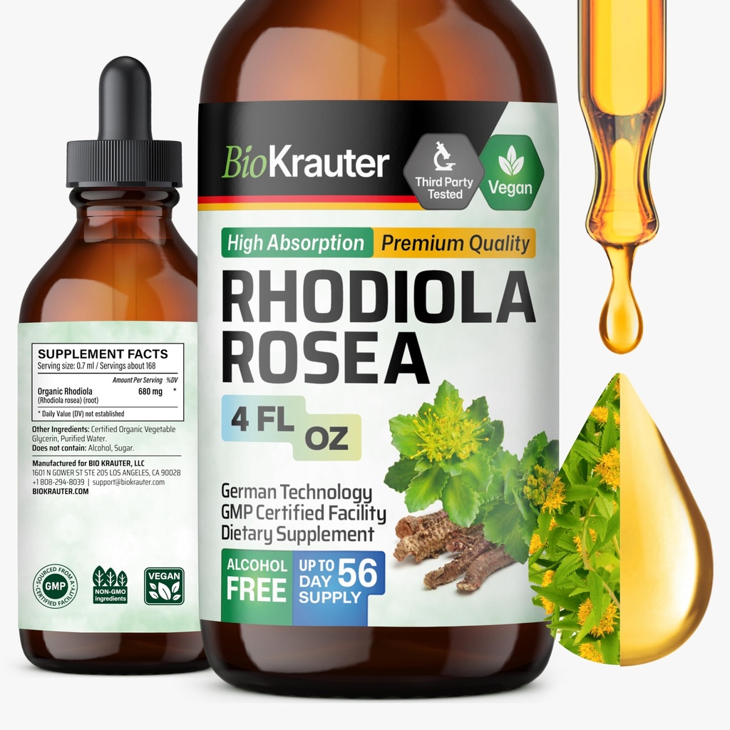 BIO KRAUTER Rhodiola Supplement Liquid - Pure Rhodiola Rosea Tinctuur voor Kalmte Ondersteuning - Alcohol & Sugar Free Extract - 4 Fl.Oz.
