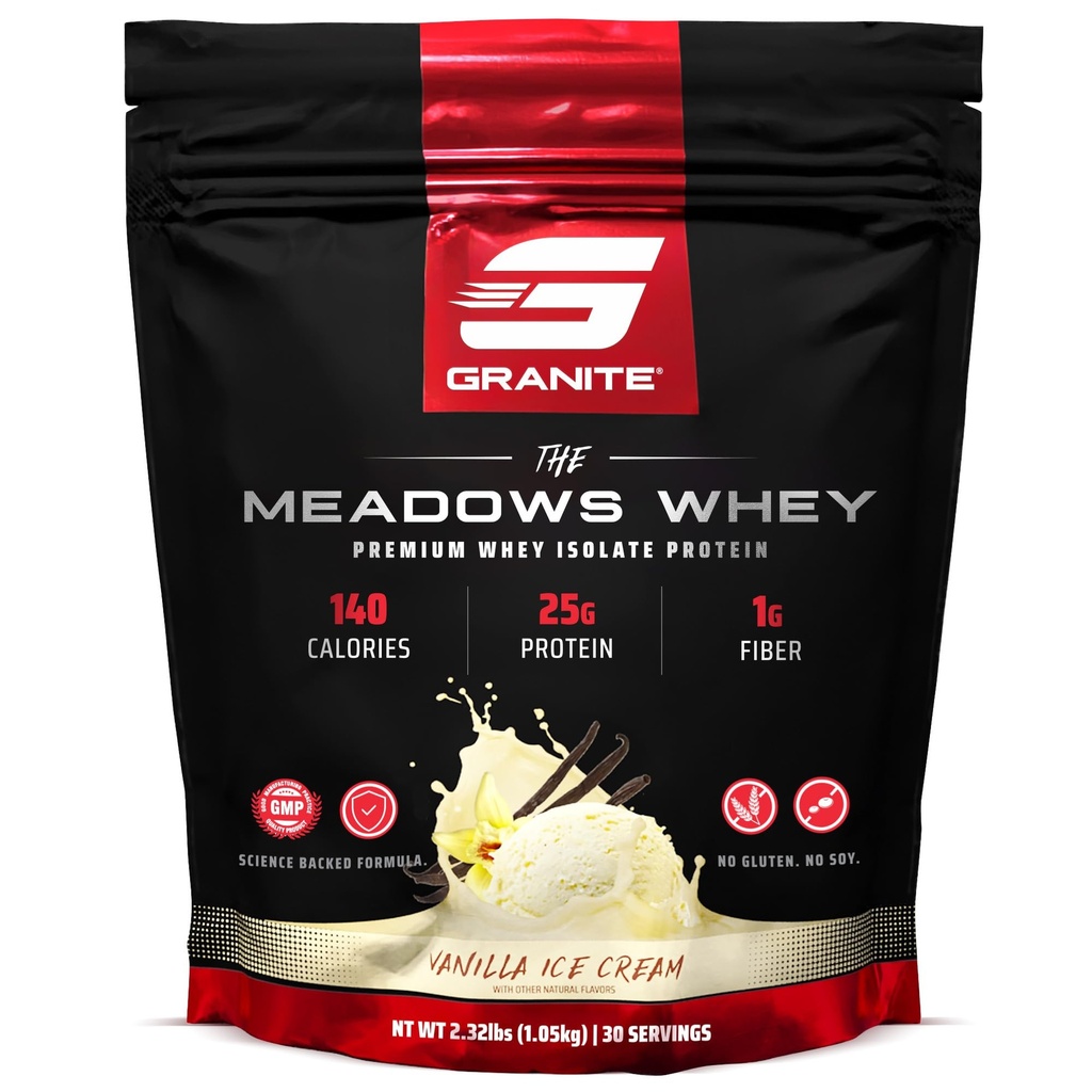 Graniet Supplementen De Meadows Wei Proteïne Isolaat Proteïne Poeder voor Lean Muscle met 150 Calorieën, 2g Fiber, 1g Sugar (30 Servers), Vanille Ice Cream smaak