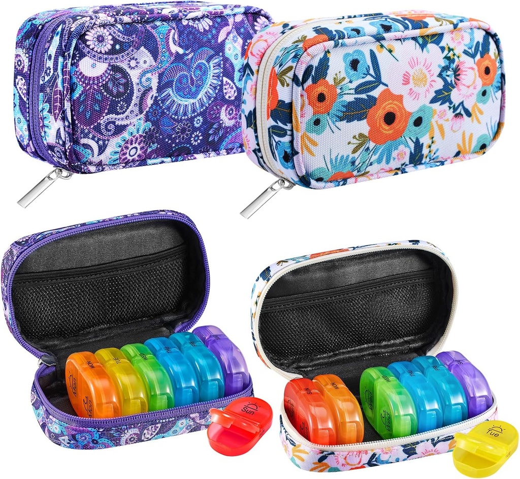 Serfeymi Weekly Travel pil Organizer 2 keer Een dag AM regenboog pil Box 7 dag met Zipper Canvas pil Case, Medicine Organizer voor pillen, Vitaminen, Visolie - Paars 01+ Bloom 01