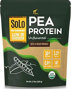 Solo Organic Pea Protein Powder, Low in Sodium, Canada Grown Peas, 100% Vegan, Non-GMO, Unflavored Plant Based Protein Powder with BCAA (2,7 lbs)