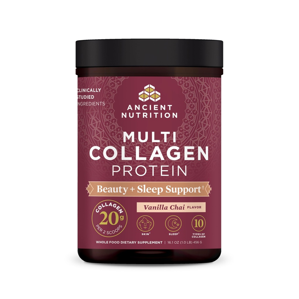 Ancient Nutrition Collagène Powder Protein, Multi Collagen Protein Beauty + Dormir avec la vitamine C, Vanilla Chai, Hydrolysed Collagen Peptides soutient la peau et les ongles, Sommeil, 16.1oz