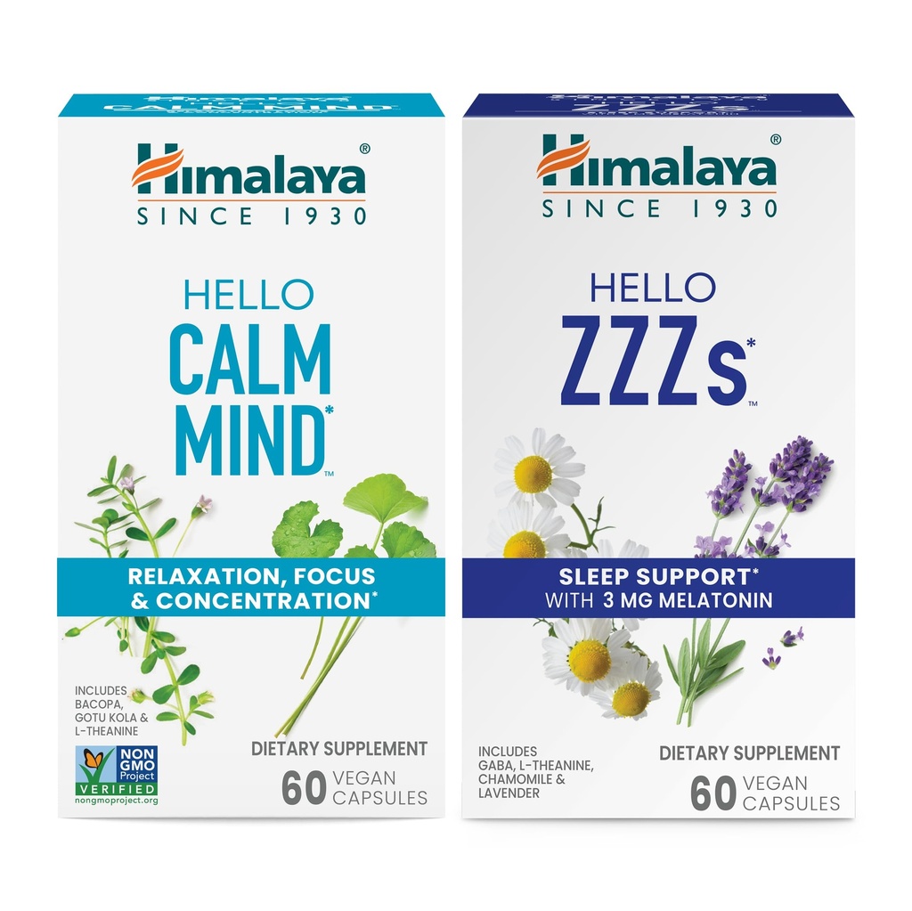 Himalaya Hello Calm Mind met Bacopa voor ontspanning, concentratie en concentratie & Hallo ZZZs met Melatonine voor slaapondersteuning, 60 capsules Elke - bundel