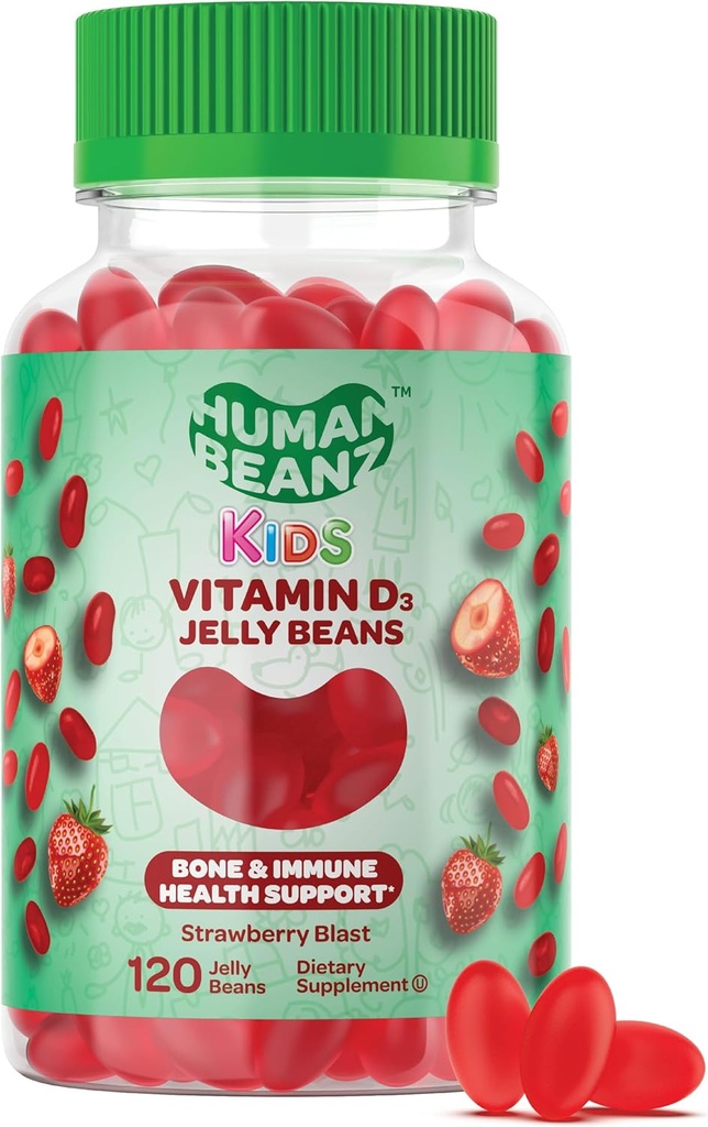 Vitamine D3 Jelly Bean Gummies voor kinderen, 25 mcg/1000 IE Vitamine D, Voedingssupplementen voor vegetarisch gebruik, 120 Aardbei Blast Jelly Beans, Kosjer