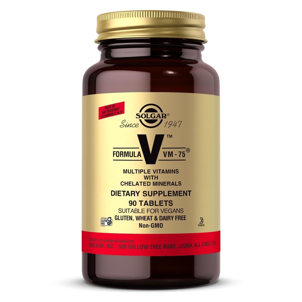 Solgar Formula VM-75, 90 tabletten - Multivitamine met gecheleerde mineralen - Vitamine A, B6, B12, C, D, E - Biotine, Magnesium, Calcium, IJzer, Zink - Veganistisch, Glutenvrij, Zuivelvrij, Kosher - 90 porties