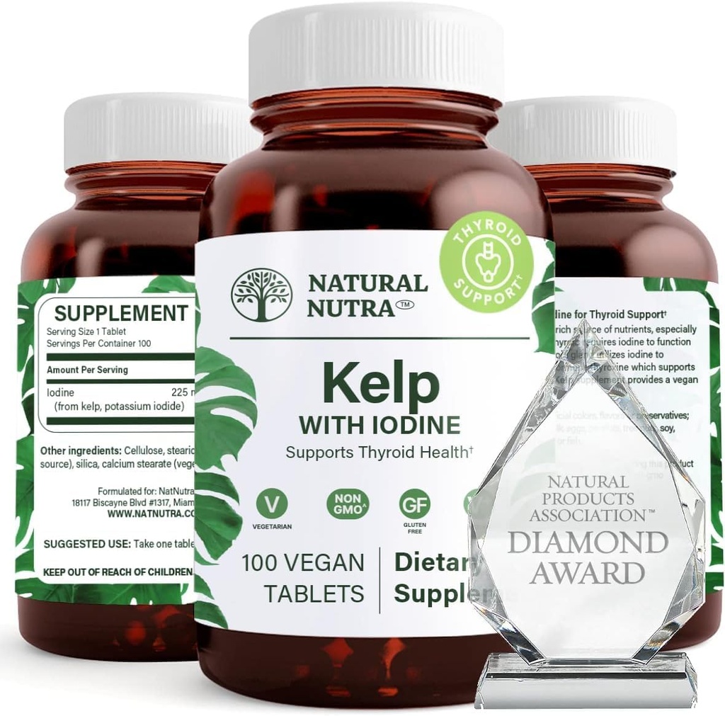 Natuurlijke Nutra Kelp Iodine Thyroid Support Supplement, Versterkt het immuunsysteem, en Regulates Metabolisme, Vegan Sea Kelp, Niet GGO, Atlantic Sourced Seaweed Extract, 225 mcg, 100 tabletten