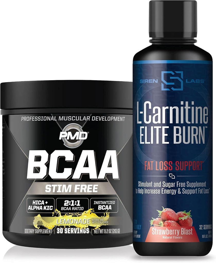 PMD Sports BCAA's Stim Free for Recovery and Performance Limonade (30 Servings) & Siren Labs L-Carnitine Elite Burn Fat Loss Support Strawberry Blast 3000 mg (32 Servings)
