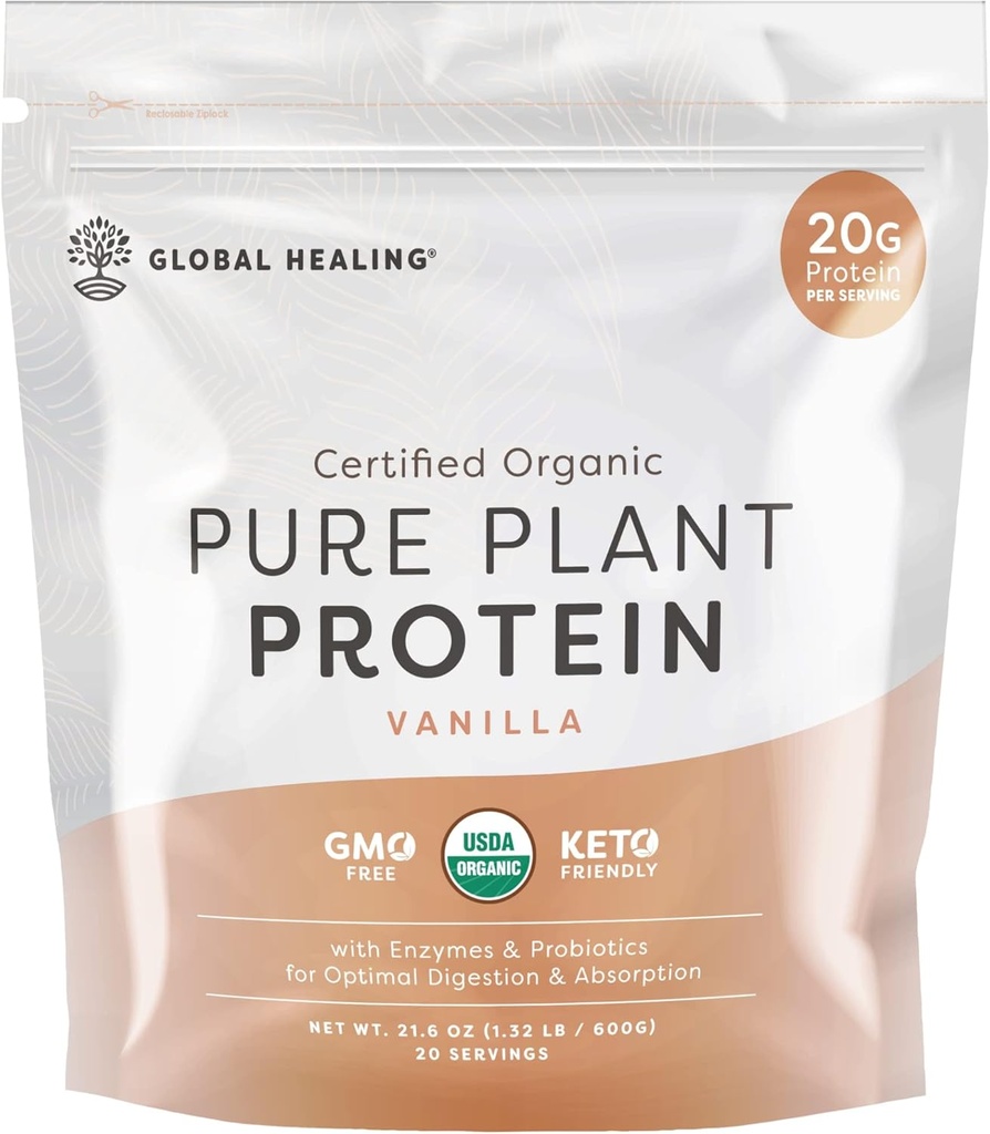 Global Healing Vegan Vanilla, Plant Based Protein Powder for Women & Men, Organic, Meal Replacement (20 Servings, 20g proteïne)