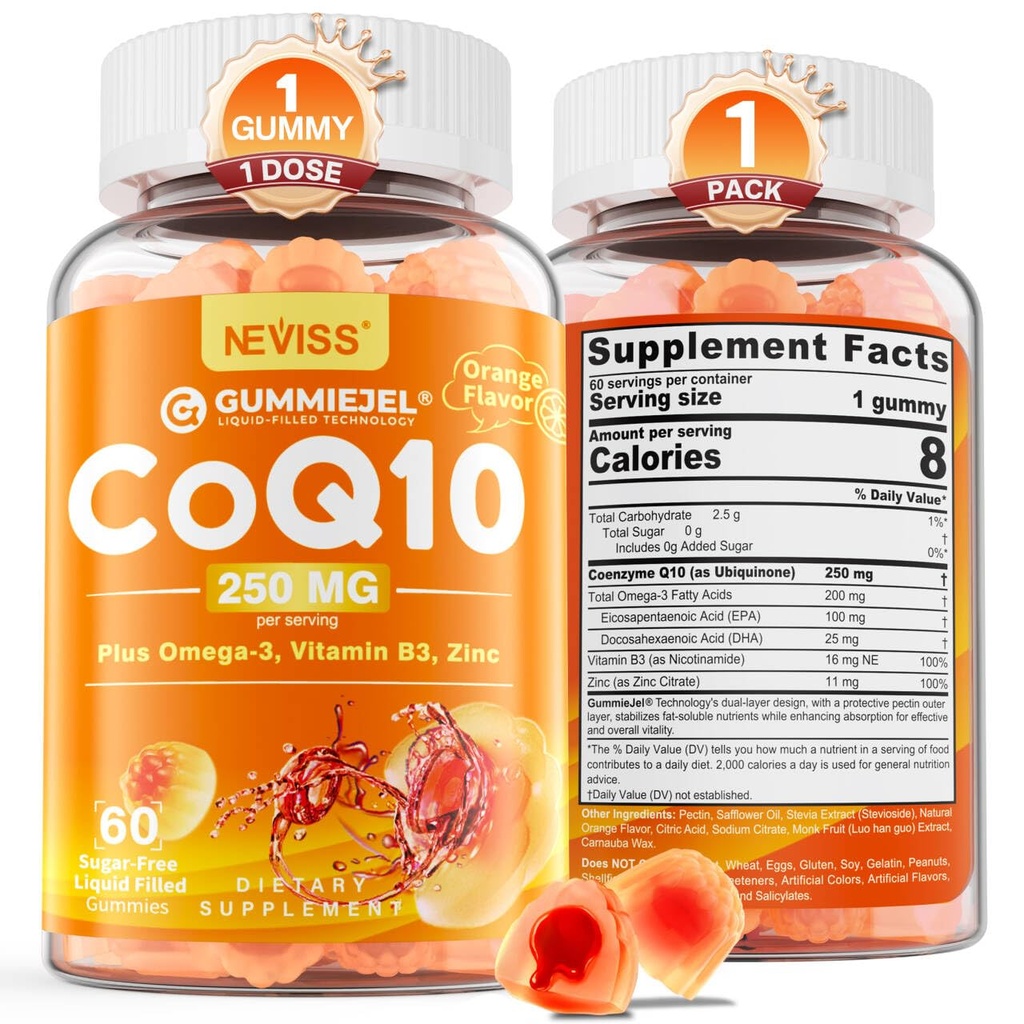 Suikervrije CoQ10-250mg / 500mg Gevulde Gummies - Plus Omega-3, EPA + DHA, B3 & Zink - Ultra Co Q-10 Supplementen voor Hear-t Gezondheid, Cellular Energy, Antioxidant Support, Tot 60 dagen levering, Vegan 60Cts