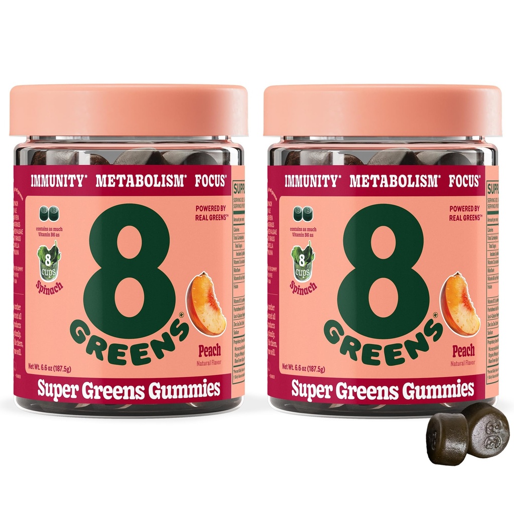 8Greens Supergreens Gummies Super Greens Poudre Superfood Gummy pour le métabolisme, l'immunité et le focus, enzymes de santé digestive, biologique: Chlorella, Spiruline, Aloe Vera, Peach Flavor, 100 Comte