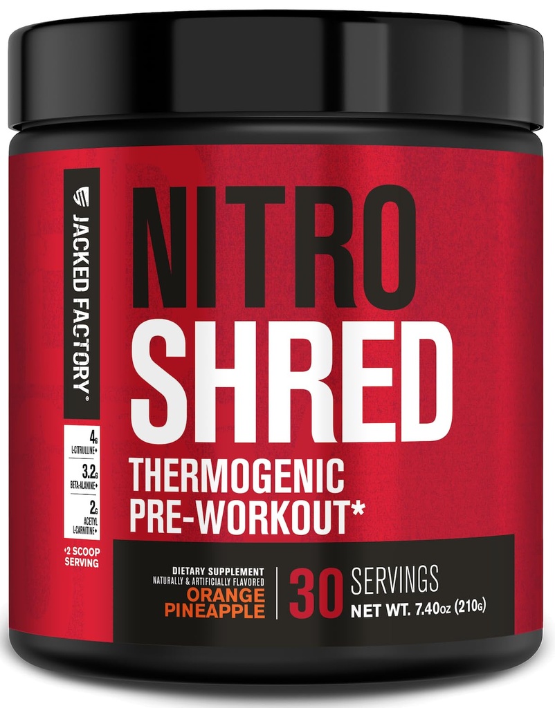 Jacked Factory NITROSURGE Shred Pre Workout Supplement - Energy Booster, Instant Strength Gains, Sharp Focus, krachtige pompen - Nitric Oxide Booster & PreWorkout Powder - 30Sv, Orange Ananas