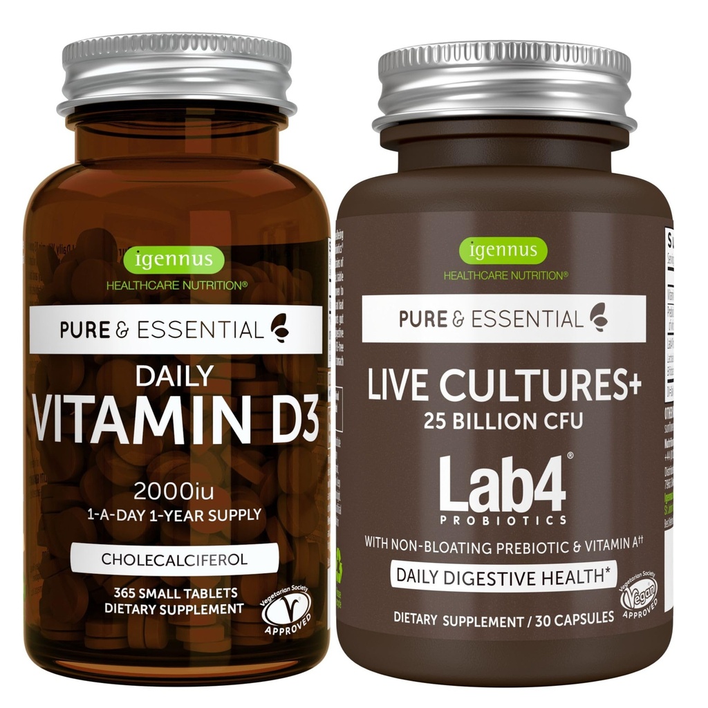 Dagelijks vitamine D3 + levende culturen+ Lab4 Probiotica Bundle, 365 2000iu Vitamine D3 Tablets + 25 miljard CFU Lactobacillus Acidophilus & Bifidobacterium with Non-Bloating Prebiotic, by Igennus