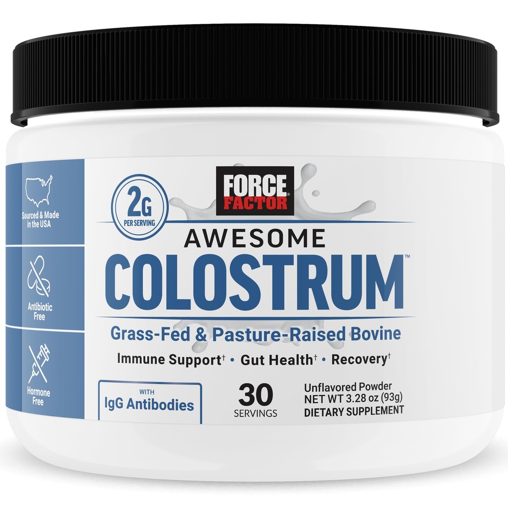 FORCE FACTOR Awesome Colostrum ter ondersteuning van Gut Health, Immune Functie, Herstel, & Meer, Bovine Colostrum Supplement, Pasture-Raised, Grass Fed, Hormone Free, Natuurlijk Unflavored, 30 Servers