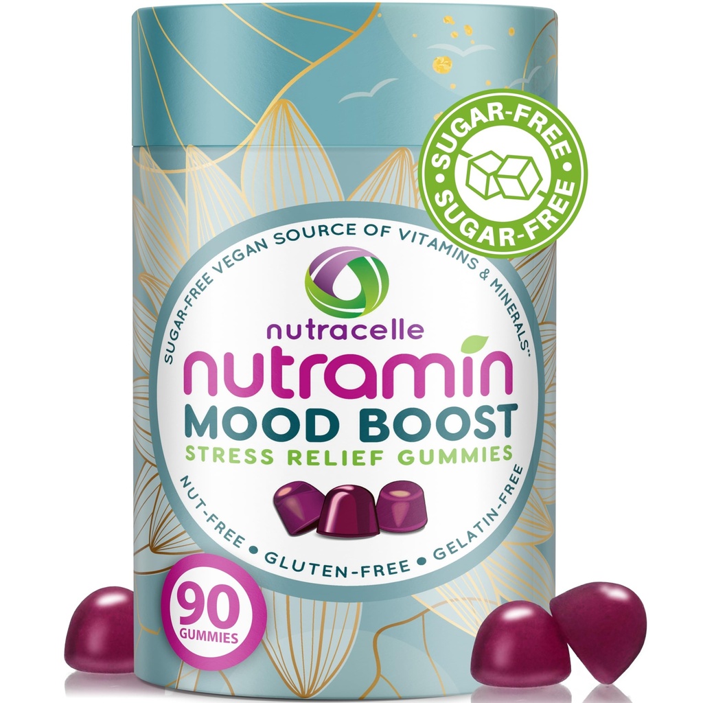 NUTRAMIN Mood Boost Multivitamine Gummy - Delicious & Yummy Anti-Stress Magnesium Ashwagandha Gummies + B Complex Vitaminen voor Focus en Kalm - Suikervrij, Veganistisch, Glutenvrij, Allergieveilig (90 Tel.)