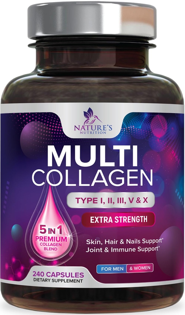 Multi Collageen Supplement 2400 mg - Types I, II, III, V & X Multi Collageen Peptides Pills for Women & Men, Hydrolyzed Collageen Supplements, Hair, Skin, Nail, & Joint Support Supplement - 240 Capsules