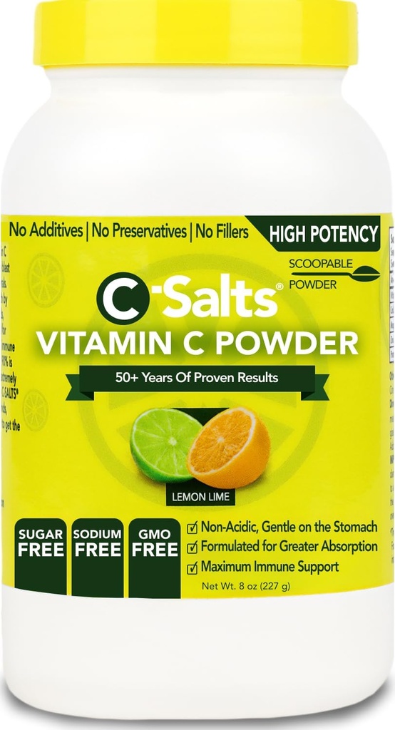 C-Salts Vitamine C Powder Supplement - 100% Pure High Dose Buffered Vitamine C Powder for Immune Support - Organic, Sugar-Free, Vegan, Non-GMO, Maag-Vriendly, Lemon Lime 8oz
