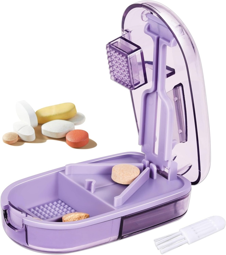 Pillensnijder Splitter voor kleine en kleine pillen, of grote pillen. V-Shaped Design voor meerdere maten. Veiligheid Blade Guard. Loss-Proof ingebouwde kleine borstel en schuifdeur pil opslag (paars)