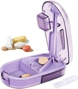 Splitter pour les petites et petites pilules, ou les grandes pilules. Conception en forme de V pour plusieurs tailles. Protège-lames de sécurité. Perte-proof intégré petit pinceau et de rangement de porte coulissante (Purple)