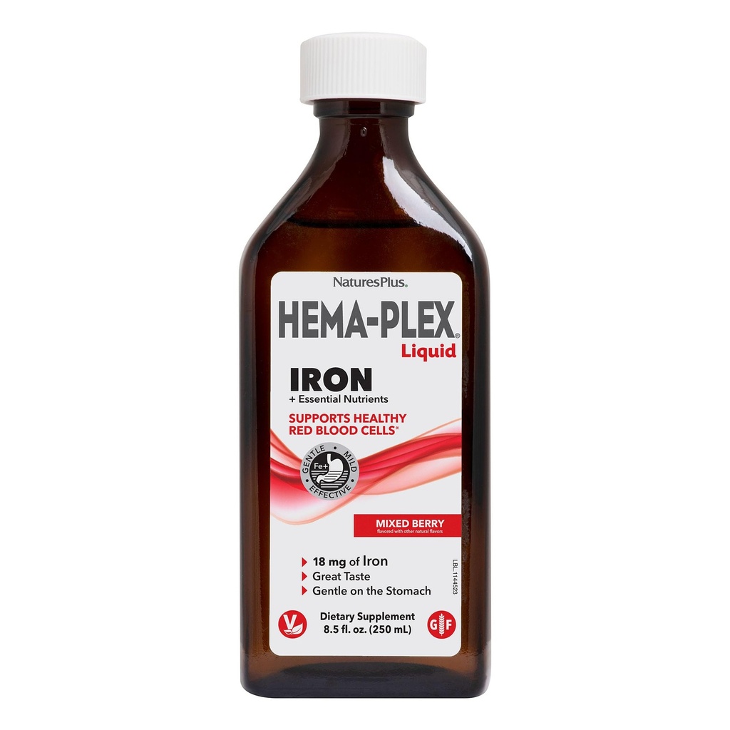 NaturesPlus Hema-Plex Fer liquide, baie mixte - 8,5 oz - Fer et nutriments essentiels - végétalien, sans gluten - 25 portions