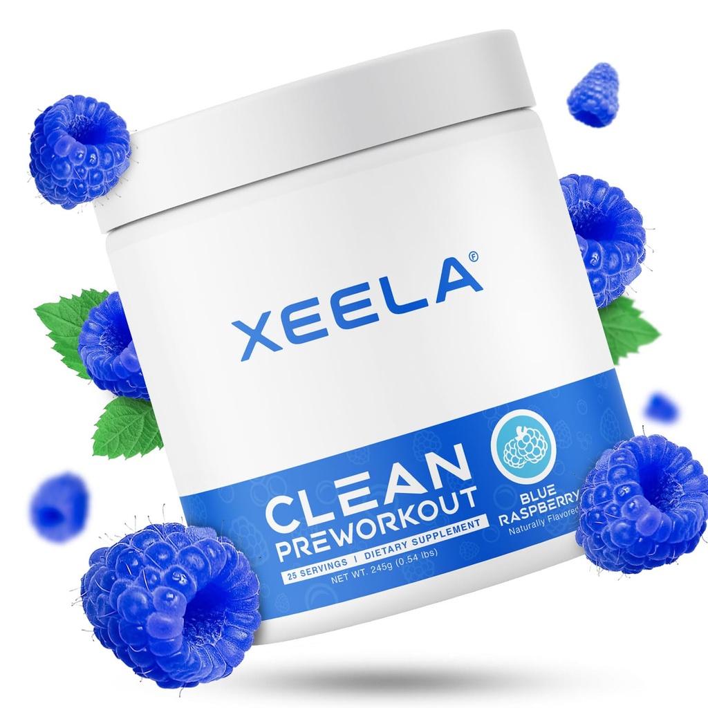 XEELA Pre Workout Powder - Clean & Tested - Jitter Free, Safe, and Natural - Verhoog thermogene energie, focus, en endurance w/Creatine, Organic Cafeine, and Plant Based Citrulline (Blue Raspberry)