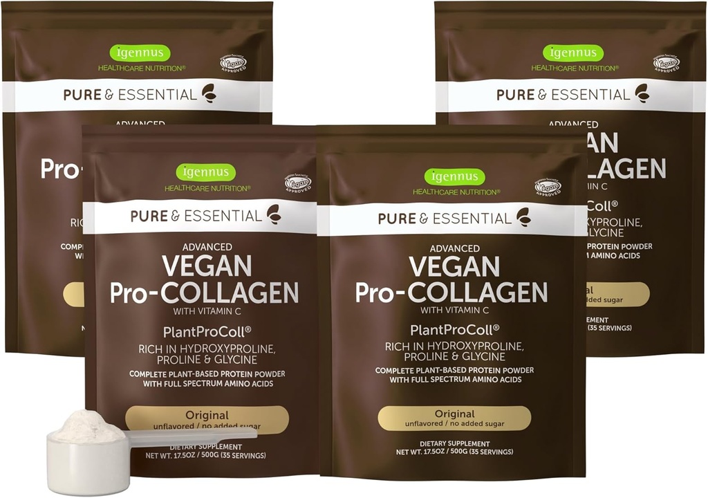 Igennus Vegan Collageen Peptide Powder, Enhanced with Glycine, Proline & Hydroxyproline & Cofactor Vitamin C, Non GMO, Complete Vegetarian Plant Based Collageen Powder Booster, 4 x 35 porties