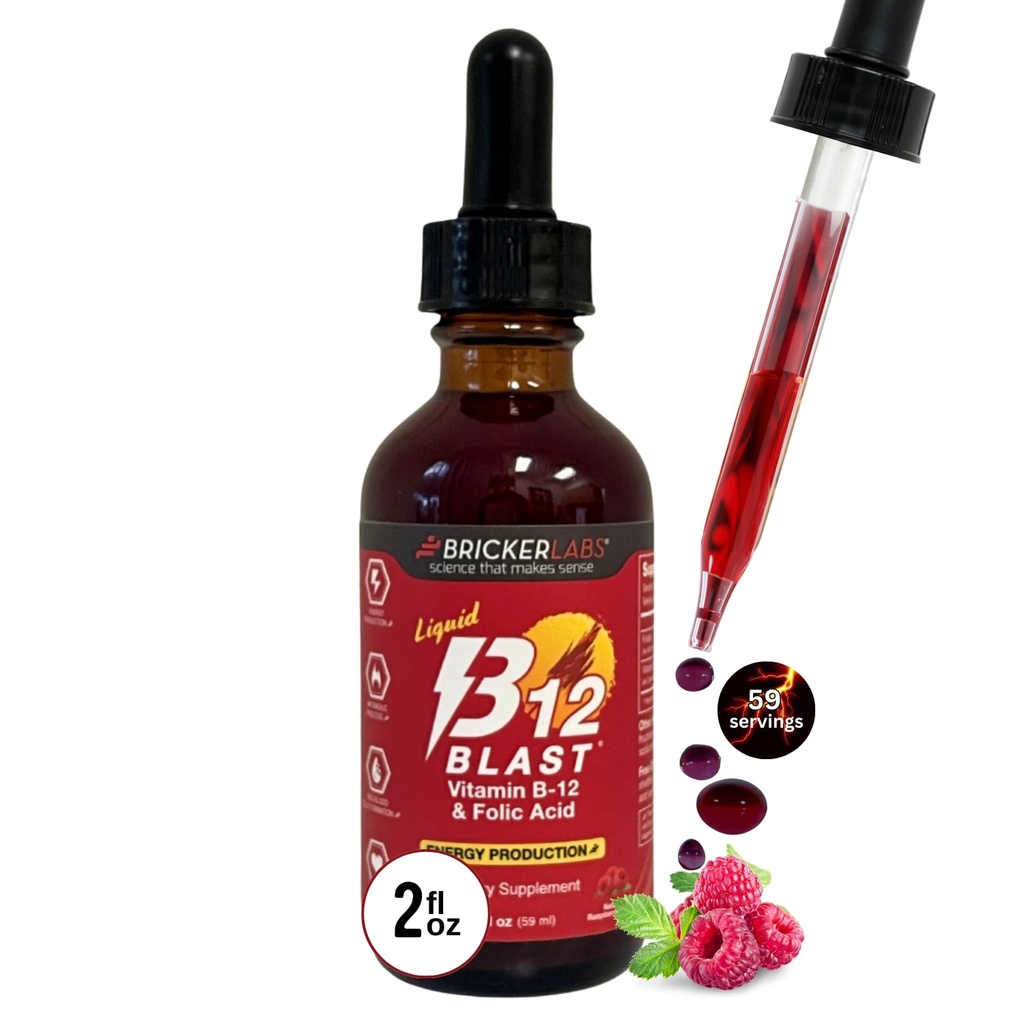 Bricker Labs B-12 Blast Liquid Vitamin B12 en Foliumzuur Supplement, Ondersteuning energieproductie, Grote Proeverij Liquid Vitamin B12 Dieetsupplement in natuurlijke Raspberry Flavor, 2 fl oz Fles