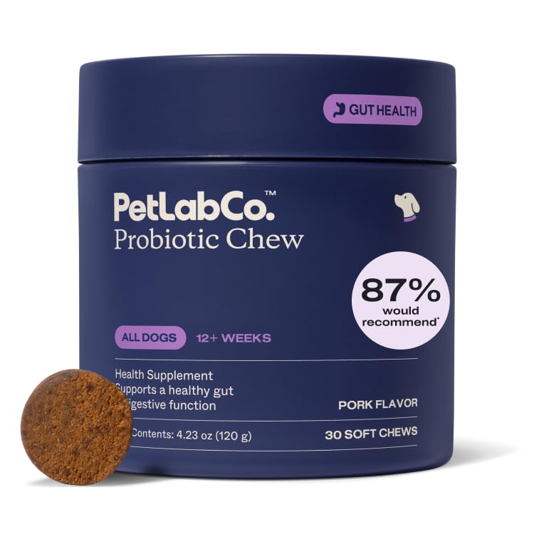 PetLab Co. Probiotica voor honden, Ondersteuning Gut Health, Af en toe diarree, spijsverterings- en seizoensallergieën - Varkenssmaak - 30 Zachte Kauwen - Verpakking mei Vary