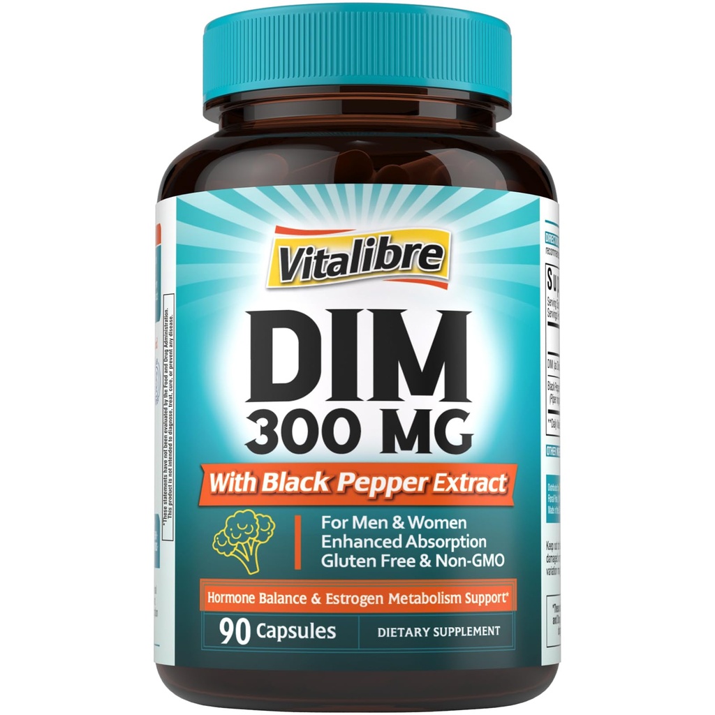 DIM-supplement voor vrouwen en mannen, Estrogeen Metabolisme, Hormone Balance & Menopauze Ondersteuning, DIM 300 mg met Black Pepper Extract, Hoge Absorptie, 90 Capsules